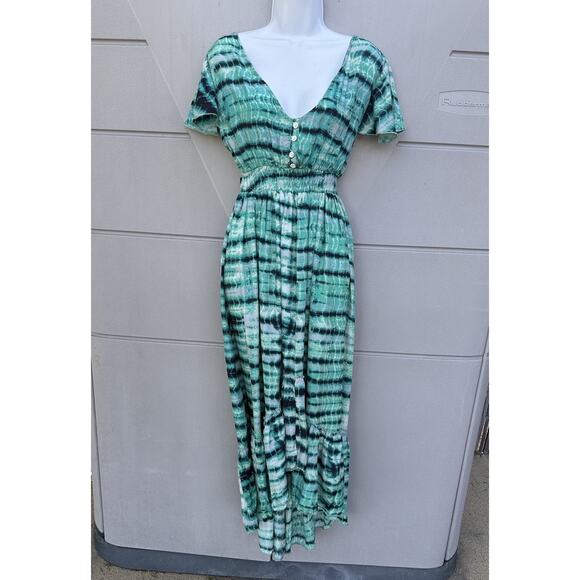 Y2K Tie Dye Print Silk Open Back Midi Dress Babydoll Whimsical Sundress Sz S - Picture 4 of 10